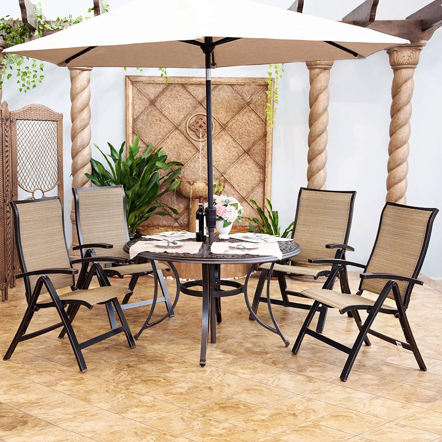 Outdoor Patio Garden Furniture 48" Round Table with Folding Chairs Set